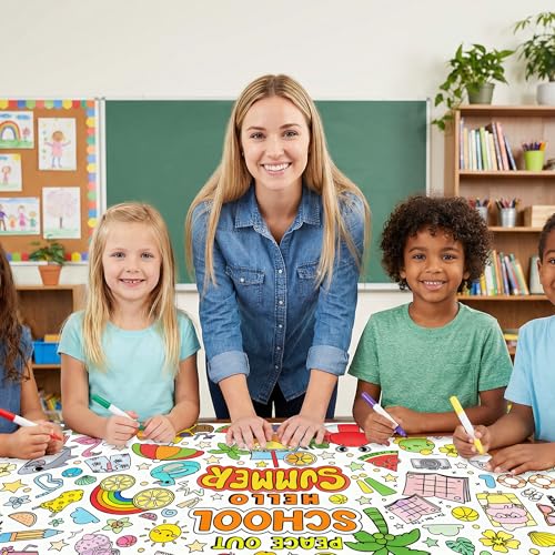 Jumbo End of School Year Coloring Activity Poster - Summer Fun Games DIY Drawing Color-in Paper 55.1 x 23.6 Inch Blank Doodle Art Banner, Home School Educational Event Party Supplies - style: End of School Year (including mini-games)