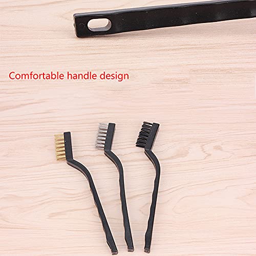 3Pcs Mini Wire Brush Set for Cleaning and Rust Removing, 7 Inch Industrial Wire Brushes of Stainless Steel/Nylon/Brass Bristles - color: Black