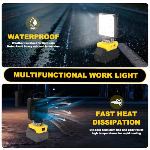 Cordless LED Work Light Compatible with Dewalt 20V Battery – 48W 4800LM - color: Yellow