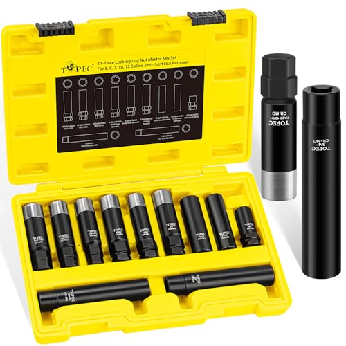 Topec 11PCS Master Lug Nut Key Set - 5, 6, 7, 10, 12 Spline Lug Nut Socket Set, Wheel Lock Removal Kit for Spline, Spike and Hex Style | Upgraded Reinforced Socket - size: 11 piece