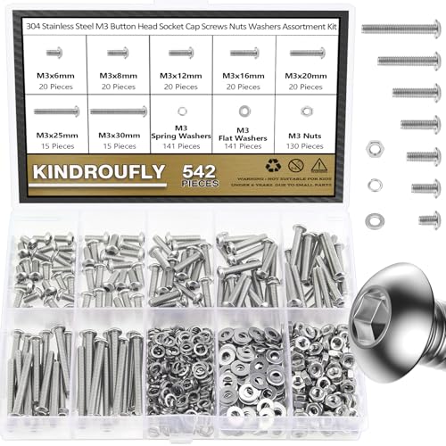 542 Pieces M3 x 6/8 /12/16 /20/25 /30mm Button Head Socket Cap Screws Nuts Washers Assortment Kit, 304 Stainless Steel, Fully Machine Thread - size: M3, style: Button Head