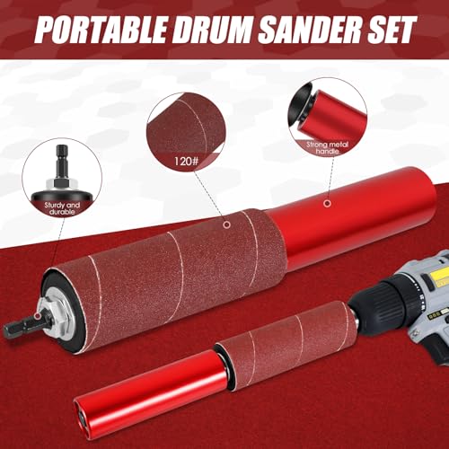 Drum Sander Set, Portable Rubber Sanding Drum Spindle Sander Adapter, Hand-Held Spindle Sanding Drum with 120 Grit Sandpaper Drum, Sanding Sleeves Power Drill Driven Drum Sander