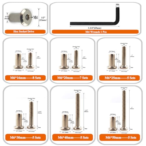 M6 Hex Drive Socket Cap Bolts Screws Kit, 30-Sets Binding Post Screws Socket Cover Connecting Bolt Fixing Post Screw for Furniture Chair Crib Table Cabinets,M6x16mm/ 20mm/ 25mm/ 30mm/ 40mm/ 50mm - color: Silver, size: Silver-6sizes-35sets