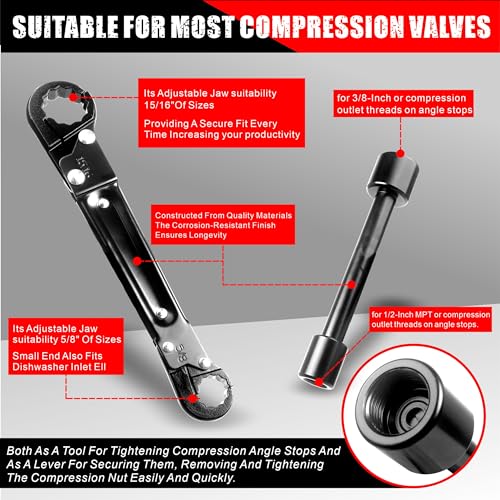 Plumbing Tools, Angle Stop Wrench Kit, Plumbing Wrench. New Compression Angle Stop and Removing the Compression Ring Professional Plumbing Toolset For Easy Angle Stop And Supply Nut Installation - color: Black, Angle on Stop Wrench Kit