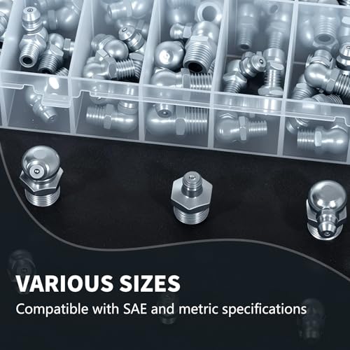 15Sizes Grease Fitting Assortment SAE and Metric Zerk Grease Fittings Kit 1/4 1/8 M6 M8 M10 Straight 45 90 Degree Zerks Nipples (Pack of 45Pcs)