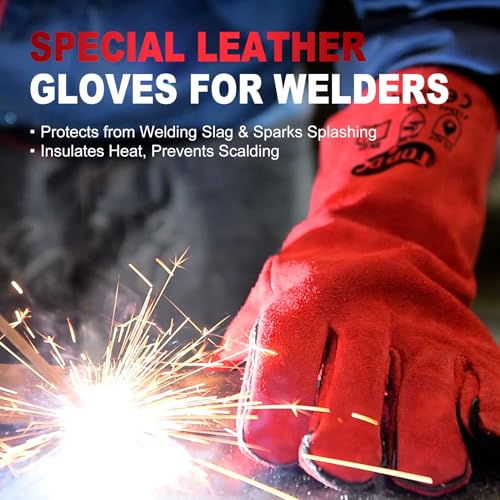TOPDC Welding Gloves 14 Inch Heat Resistant Leather For Mig Stick Forge - color: 14 Inch Red
