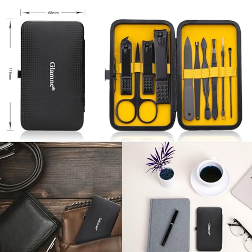Glamne Manicure Set Nail Clippers Kit Professional Stainless Steel Nail Care Tools with Leather Travel Case 10 in 1 Yellow - color: Yellow