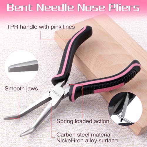 Mini Bent Needle Nose Pliers Smooth Jaws Small Bent Long Nose Pliers Tweezers Long Nose Pliers Jewelry Pliers Pink Tool for Jewelry Making, Wire Wrapping and Object Gripping with Soft Grip - style: Bent Needle Nose Plier Smooth Jaws