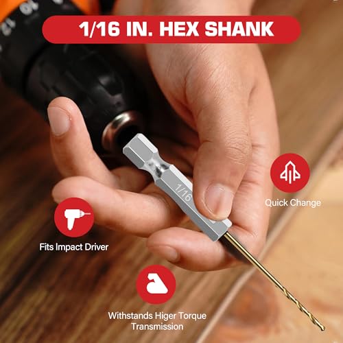 13PC 1/16" Titanium Coated Twist Hex Shank Drill Bit Set - size: 1/16-13pcs