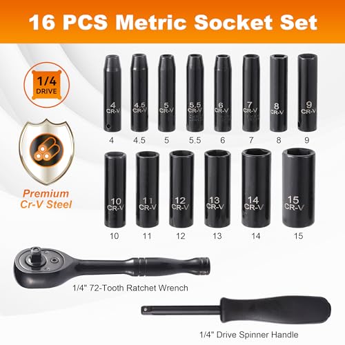 Reniteco 16-Piece 1/4" Drive Socket Set, Metric 4-15mm, 72-Tooth, Cr-V - size: 1/4"-16 PCS