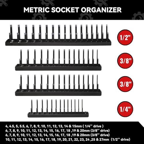 AIUITIO Socket Organizer Tray Set,8-Piece Socket Holder Set Includes 2PCS 1/4", 4PCS 3/8", 2PCS 1/2" Drive Metric SAE Socket Trays, Store 226 Pieces Standard and Deep Sockets - size: 226 Socket Capacity