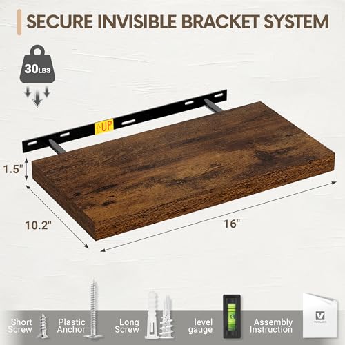 Vivelove 10 in Deep Floating Shelves 16” Set of 2, Rustic Brown - color: Rustic Brown, size: 15.7”wx10.2”dx1.5”h