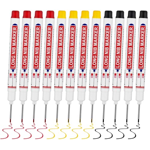 12 PCS Long Head Deep Hole Marker Pens,20mm Long Nib Marker,Longs Nose Markers,Waterproof Construction Markers Marking Tool,Permanent Markers Carpenter Ink marker Pens,Metal marking Pen,3 - color: 12PCS-20MM-Red/Yellow/Black