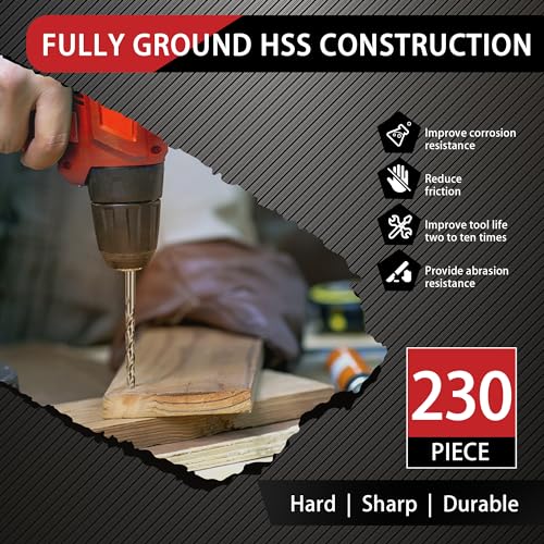 230 Pcs(3/64"-1/2") Titanium Coated HSS Drill Bit Set - size: 230pcs