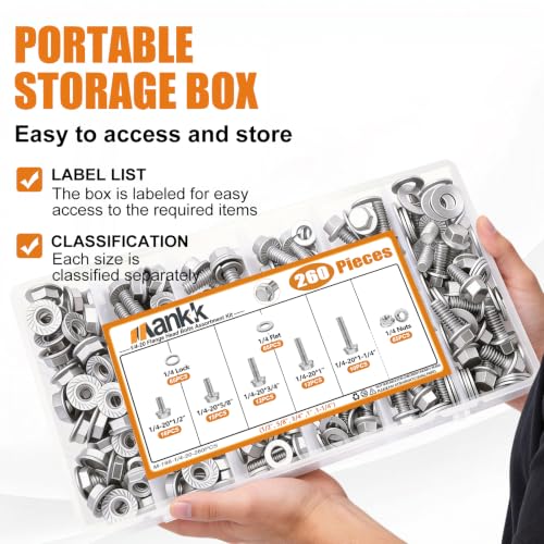 mankk 260PCS Flange Head Bolts Assortment Kit 1/4-20 x (1/2",5/8",3/4",1",1-1/4") 304 Stainless Steel SAE Flange Hexagon Screws and Serrated Flange Nuts Kit - color: Silver-260PCS 1/4-20