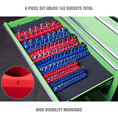 OEMTOOLS 6-Pc Metric & SAE Magnetic Socket Tray Set Holds 143 Sockets | Magnetic Socket Organizer Tray, Non-Marring Rubberized Base, Clearly Marked Sizes, 1/4, 3/8, 1/2 Inch Sockets - style: Red and Blue