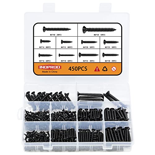 450 pcs M3 M4 M5 M6 Black Wood Screws Assortment Kit,High Hardness Carbon Steel Self-Tapping Screws,Phillips Drive Flat Head Screws Set Kit,Black Oxide,Full Thread,Countersunk Head - size: M3/M4/M5/M6, style: Flat Head (Carbon Steel)