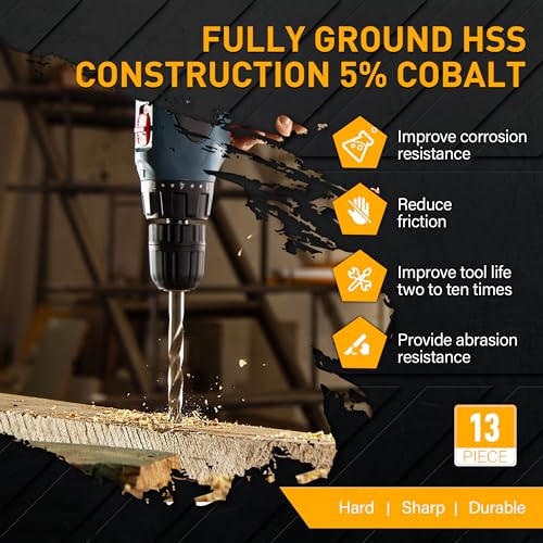 1/4 Inch Cobalt Drill Bits, 13 Pack of M35 HSS, 135 Degree Tip, Jobber Length Twist Drill Bit Set for Hard Metal, Stainless Steel, Cast Iron, Wood and Plastic, with Storage Case - style: 1/4-13pcs