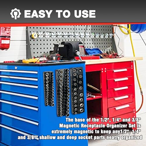 EACELIY Magnetic Socket Organizer Set,Metric Socket Holder Kit, Socket Trays，holds 75 Deep and Shallow 3/8" Sockets(sockets not included) 丨3Pcs 1/2", 1/4" and 3/8" （Black） - size: 3PCS Metric 1/2&3/8&1/4