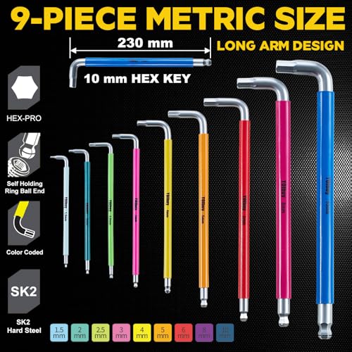 YOIbuy PRO Hex Key Wrench Set, 9-Piece Metric Allen Wrench Set, 1.5-10MM, SK2 Steel, Anti-Slip Ball End, Long Arm, Color-Coded, HEX-PRO Tech, for Mechanical Equipment, Vehicle, and Bicycle Repairs