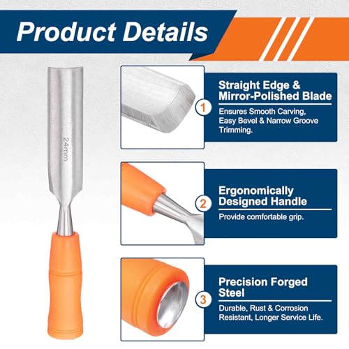 HARFINGTON 2pcs Wood Chisel 15/16" Carbon Steel Inner Beveled Edge Blade Wood Working Flat Chisel with Plastic Non-Slip Handle for Woodworking Carving DIY Projects, Orange - size: 15/16"