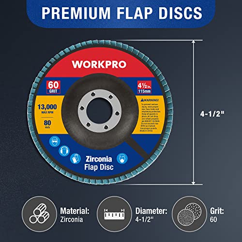WORKPRO 10-Pack Zirconia Flap Discs, 4-1/2" x 7/8", T29, 60 Grit | Zirconia Abrasive Flap Sanding Discs for Angle Grinders - style: 60 Grit