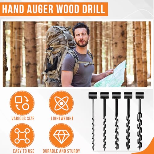6 Pcs Hand Auger Wood Drill Wrench Set Bushcraft Gear Heavy Duty Steel Manual Survival Tools with Auxiliary Handle Bushcraft Tools for Camping, Outdoor, Hiking, Woodworking