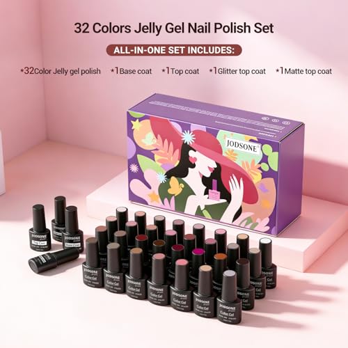 JODSONE Jelly Gel Nail Polish Set, 32 Colors Sheer Pink Gel Polish Set with Base & Top Matte Glitter Coat for Nail Art DIY Salon at Home - color: B30