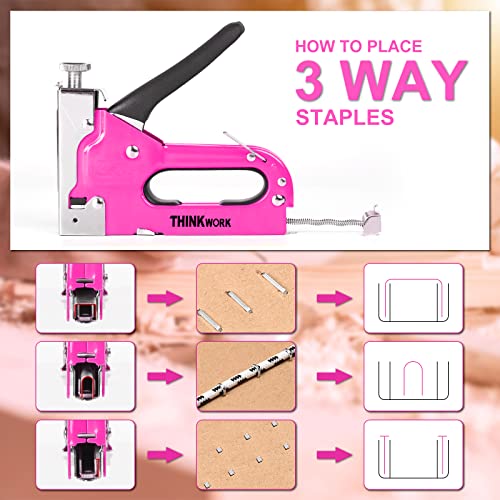 THINKWORK 3-in-1 Pink Staple Gun for Upholstery & Wood DIY Manual Nailer - color: Pink