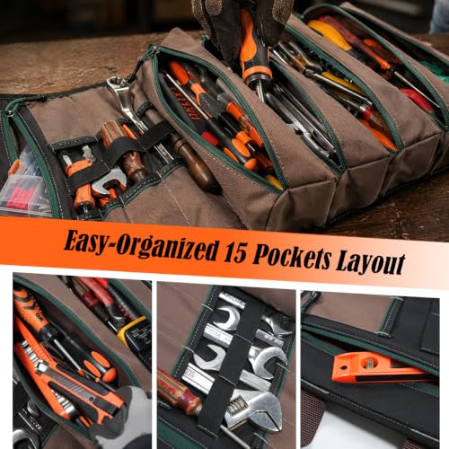 WELKINLAND 15-Pocket Tool Roll - Heavy-Duty, Green-RipStop, 15L Capacity