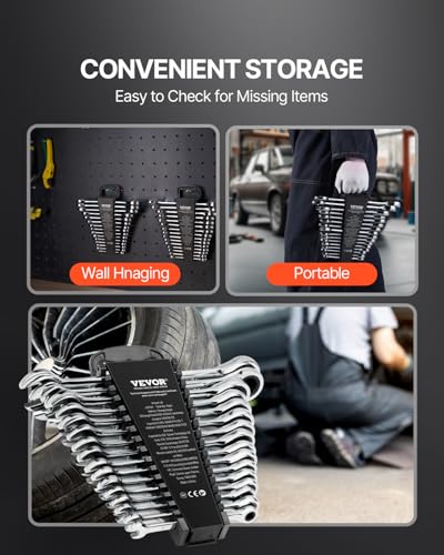 VEVOR Combination Wrench Set, 16-Piece Ratcheting Wrench Set with Organizer Rack, Cr-V Steel, Metric 8 mm to 24 mm, Ideal for General Household, Garage, Workshop, Auto Repairs, Emergency - size: 16PCS (Metric), style: Regular