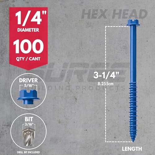 1/4" x 3-1/4" Hex Head Blue Concrete Screws with Drill Bit (Box of 100) - size: 1/4" x 3-1/4"