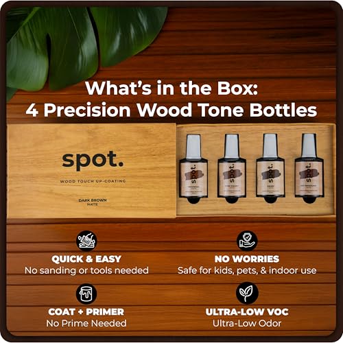 Dark Brown Wood Stain Repair Kit, Brush-On Touch-Up Stain Bottles, Provincial, Dark Walnut, Ebony, Red Mahogany, Interior and Exterior Wood, 4 fl oz Total by spot. - color: Dark Brown
