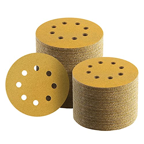 100 Pcs 5 Inch Sanding Discs Hook and Loop, 120 Grit Sandpaper for Woodworking or Automotive, 8 Hole Gold Premium Dustless Random Orbit Sandpaper - style: 120 Grit-100 Discs
