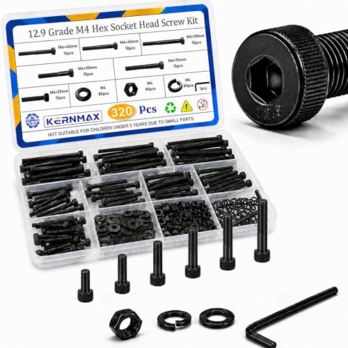 320PCS M4 Screws Kit, M4x25/30/35/40/45/50mm Hex Socket Head Cap Bolts Nuts Washers Assortment Set, 12.9 Grade Alloy Steel Black Oxide, M4 Metric Screw for 3D Printer, DIY& Repairs - size: M4 320pcs