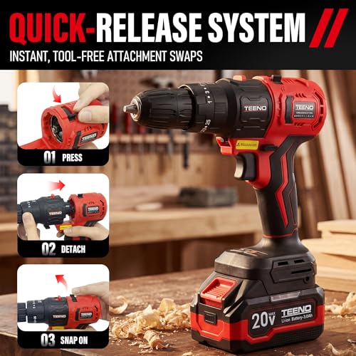 TEENO Brushless Power Tool Combo Kit, 6-in-1 Cordless Interchangeable Multi-Tool Set (Drill, Impact Wrench, Oscillating Tool, Reciprocating & Chain Saws, Sander), 3Ah Battery, USB Adapter & Hard Case - color: Red