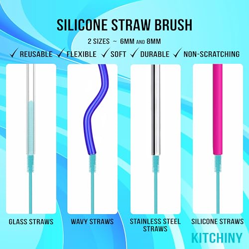 Kitchiny Silicone Bottle Brush 12.5 inch with 2 Straw Cleaners – Blue | Bottle Cleaner Brush for Yeti, Hydro Flask, Owala, Stanley, Baby Bottles, Vases & Narrow Neck Containers - color: Blue