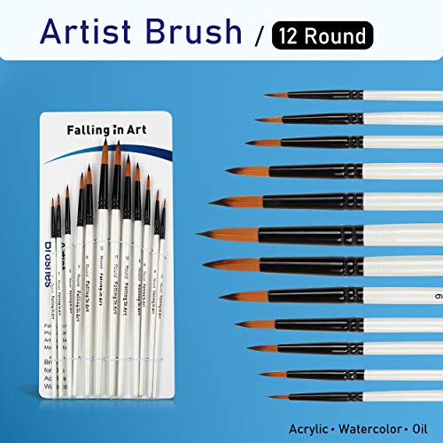 Falling in Art 12 PCS Professional Round Paint Brushes Set - size: 12 Pcs Round Nylon