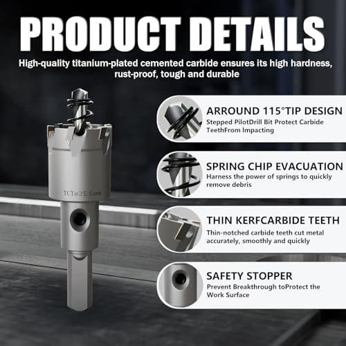 Heavy Duty Carbide Hole Saw Set, 1” (25.5mm), Extra Deep Cutting Depth of 1.1 Inches (28mm) - Ideal for Stainless Steel, Mild Steel, Iron, Copper, Brass, and Plastic - size: 25.5mm(1")