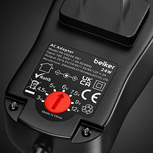 Belker 24W Universal 3V 4.5V 5V 6V 7.5V 9V 12V AC DC Adapter with 8 Tips | Power Supply for Router Light Strip CCTV Camera Speaker and More Household Electronics - 2A Max - size: 24w 3-12v 2a