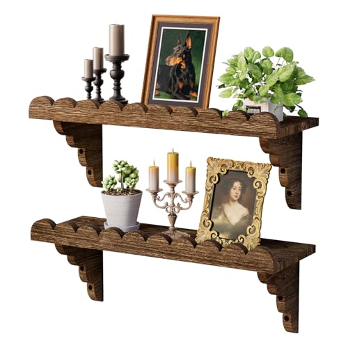 QsQueen Scalloped Wood Wall Shelf – 17 Inch Floating Shelf with Wood Brackets, Easy to Install Rustic Wall Shelf for Living Room, Bedroom, Bathroom, or Any Space - color: Brown