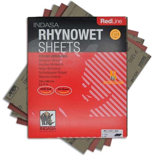 Indasa 50 PCS Redline Full Sheets 9"x11" Wet & Dry Sanding Sheets Series 6 – Rhynowet – 1500-Grit – Waterproof Latex Backing, Silicon Carbide - size: 1500-Grit 9"x11" Silicon Carbide