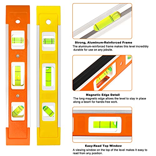 2PCS 9-Inch Magnetic Torpedo Level, Small Spirit Level with 3 Bubble Vials 45° 90° 180° for Home Renovation, Hanging Pictures, Shelves & Construction(Orange+Yellow) - color: Orange+yellow