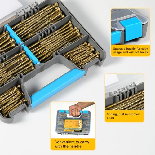 340Pcs Multi-Purpose Wood Deck Screw Kit,#8#9 Bugle Head for Interior and Exterior Use,Star Drive Torx Golden Coated with T15/T25 Bit - size: #8#9 Kit
