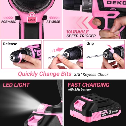 Pink Power Drill Tool Kit Set: 20V Cordless Electric Drill, Driver, Tool Box with Battery - color: Pink