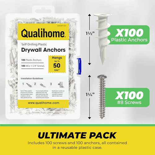 Qualihome Drywall Anchors with Screws – 200 Piece Set (100 Anchors + 100#8 x 1-1/4" Screws) | Self Drilling Drywall Anchors Heavy Duty | Wall Anchors for Drywall | Plastic Screw Anchor Kit - style: 100 Pack