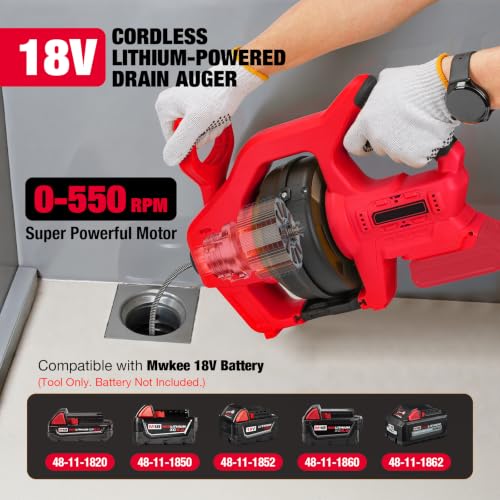 Cordless Electric Drain Auger Compatible with Milwaukee 18V Battery - color: Red