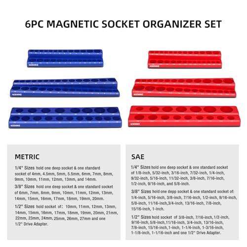 6-Pack 1/2,3/8,1/4 Magnetic Socket Organizer SAE & Metric - size: 1/2",3/8",1/4"SAE&METRIC/6PCS