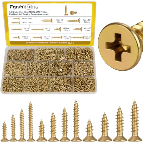 1510Pcs Wood Screws Assortment Kit, M2 M2.5 M3 Tiny Phillips Flat Head Self Tapping Screws Set, Cross Countersunk Sheet Metal Screws Assortment for Wood - size: 1510pcs M2M2.5M3 Gold