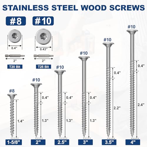 #10 x 2.5 Stainless Steel Deck Screws, 350Pcs 410 Grade Stainless Steel - size: #10 × 2-1/2"